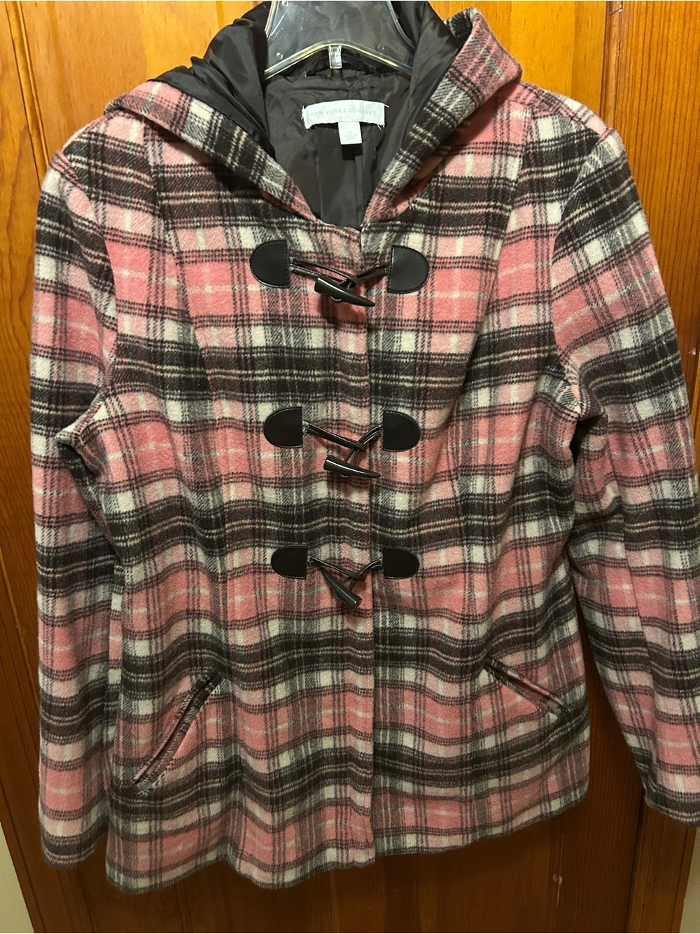 New York & Company Pink Plaid Hooded Coat